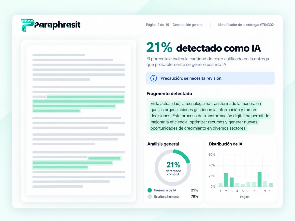 Panel de detección de IA: porcentaje detectado, fragmento señalado y distribución por página